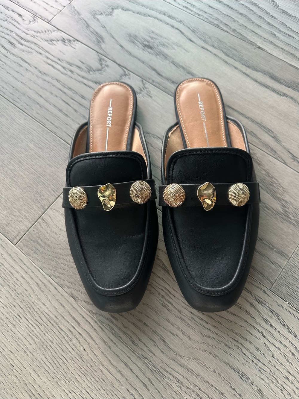 Report Black Leather Mule Slides with Gold Medallions